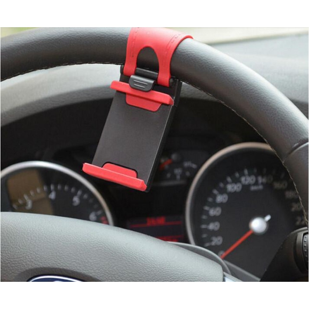 Support universel compact de smartphone pour volant de voiture - Rouge/Noir