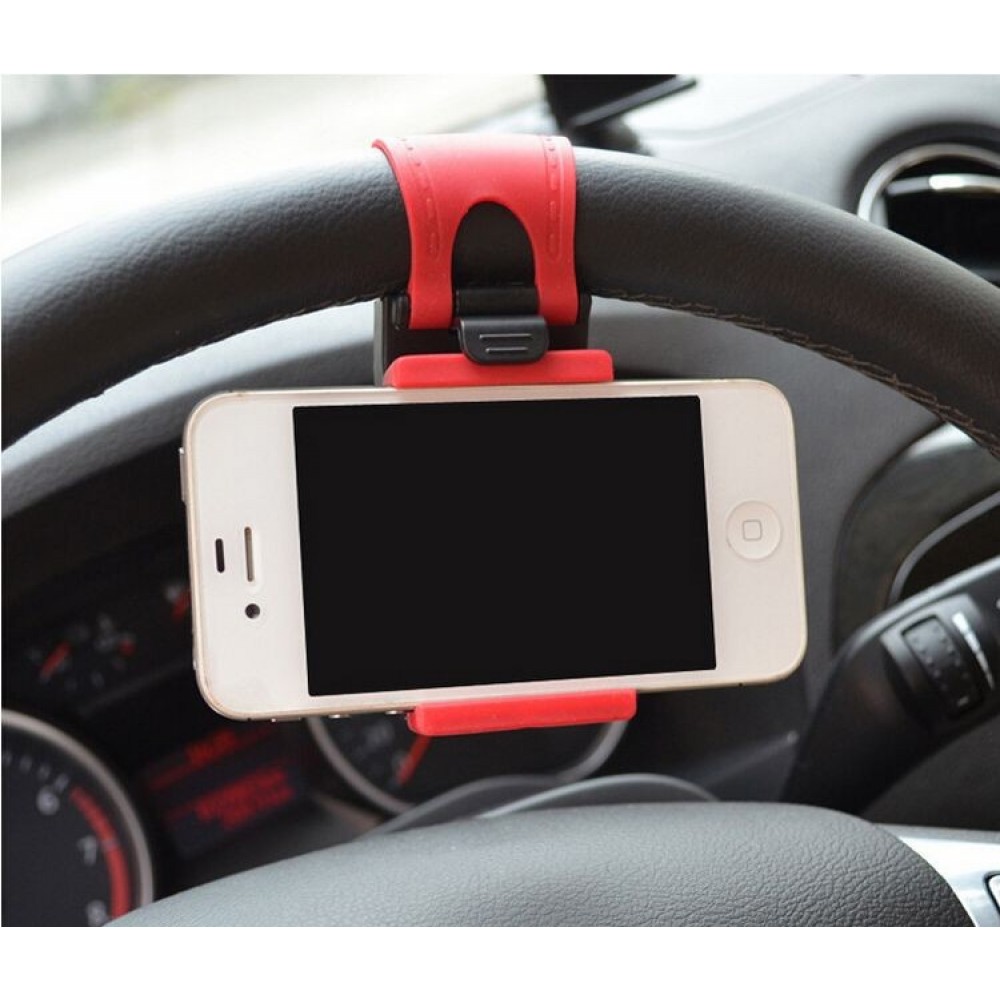 Support universel compact de smartphone pour volant de voiture - Rouge/Noir