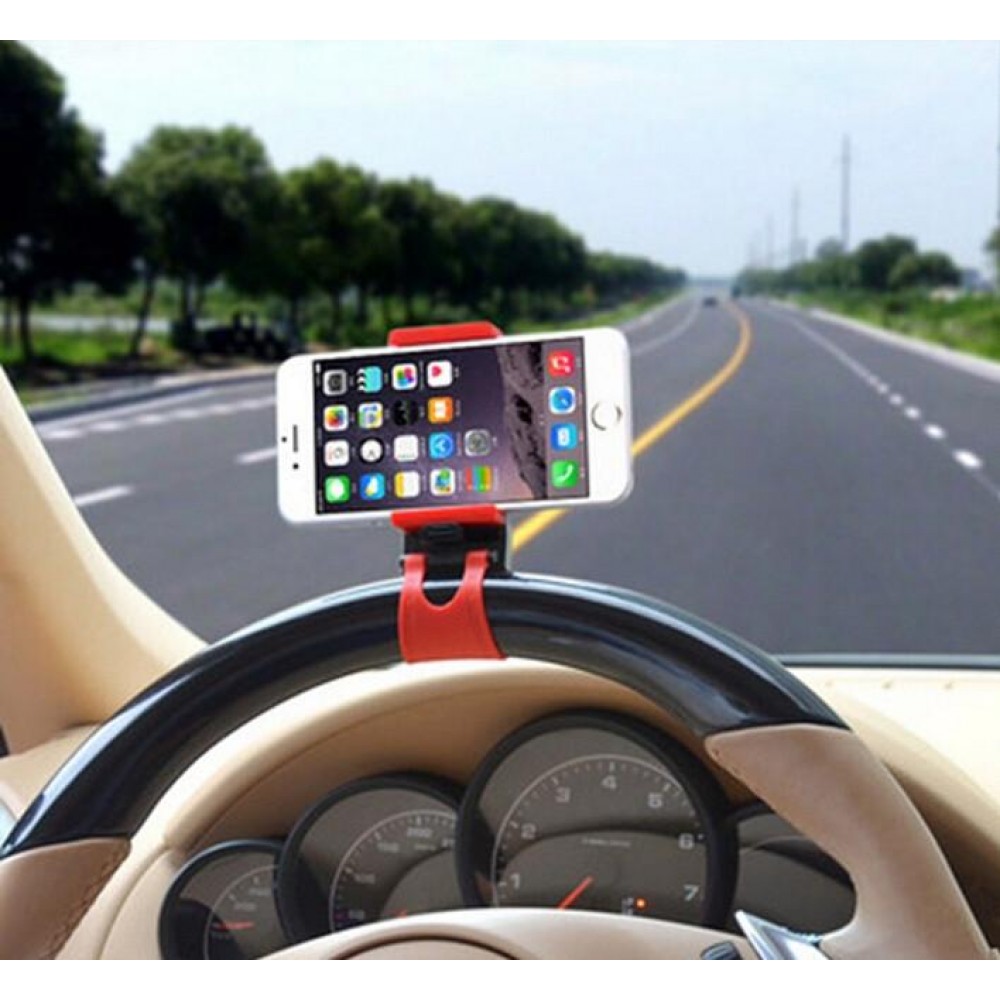 Support universel compact de smartphone pour volant de voiture - Rouge/Noir