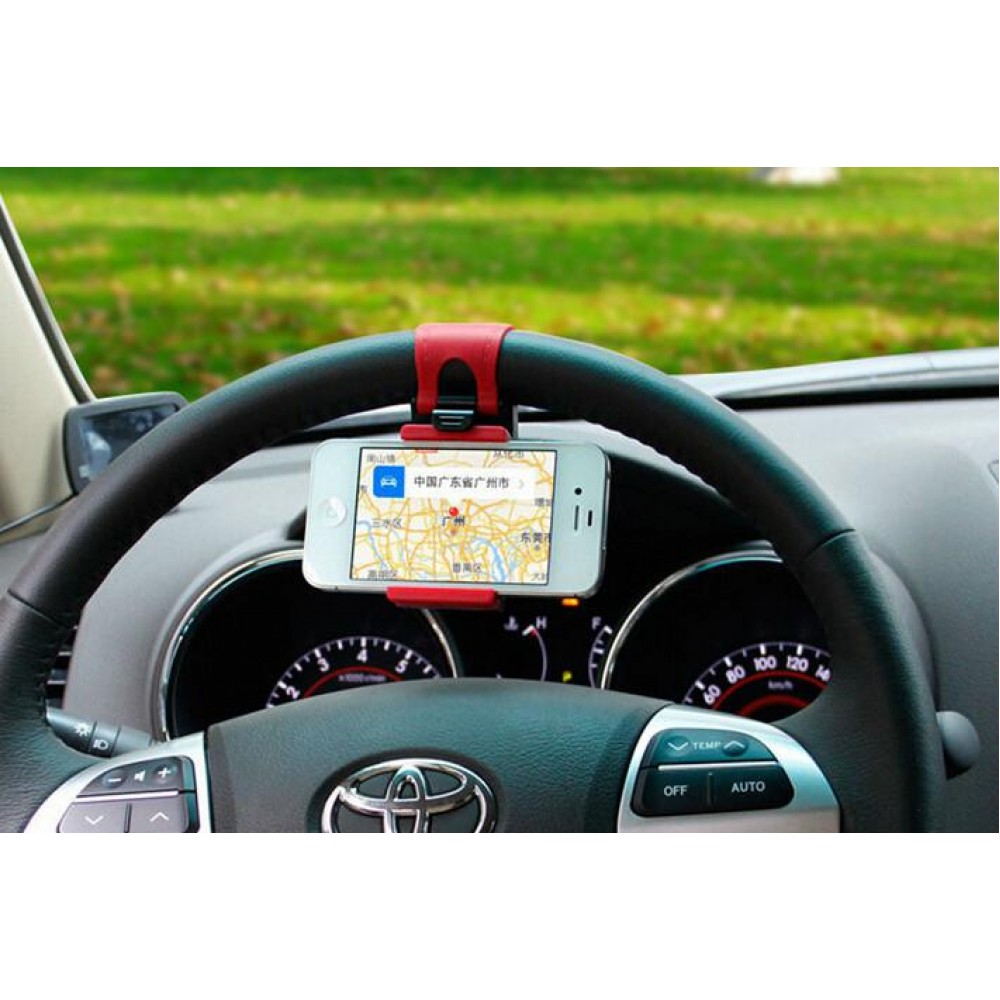 Support universel compact de smartphone pour volant de voiture - Rouge/Noir