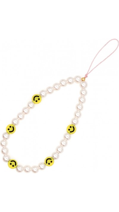 Bijou de téléphone universel / Pendentif bracelet à charms - N°21 Happy smiley faces - Blanc