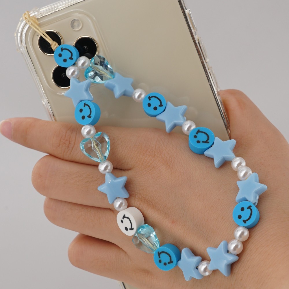 Bijou de téléphone universel / Pendentif bracelet à charms - N°32 Smiley & étoiles - Bleu