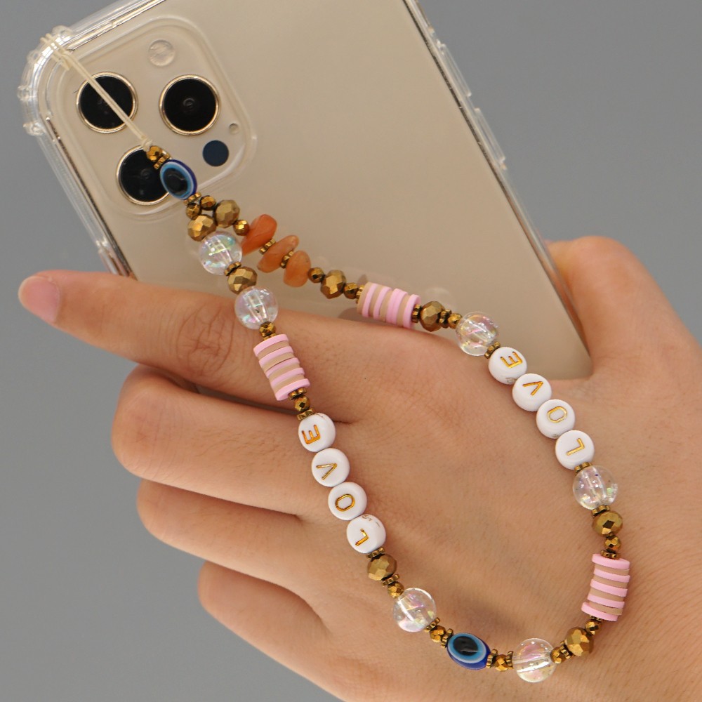 Bijou de téléphone universel / Pendentif bracelet à charms - N°34 LOVE et perles - Or - Rose