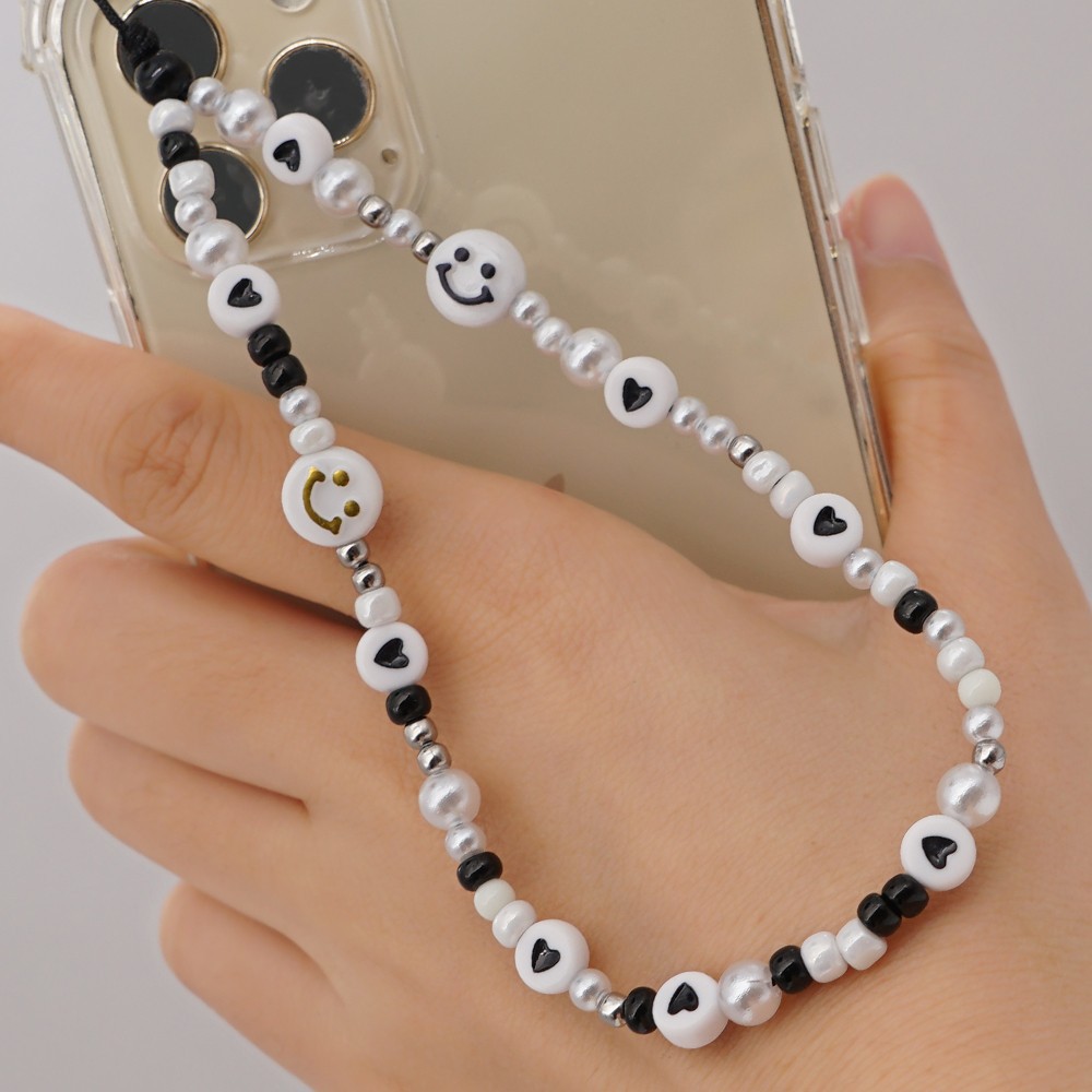Bijou de téléphone universel / Pendentif bracelet à charms - N°35 Happy smiley & coeur - Noir & - Blanc