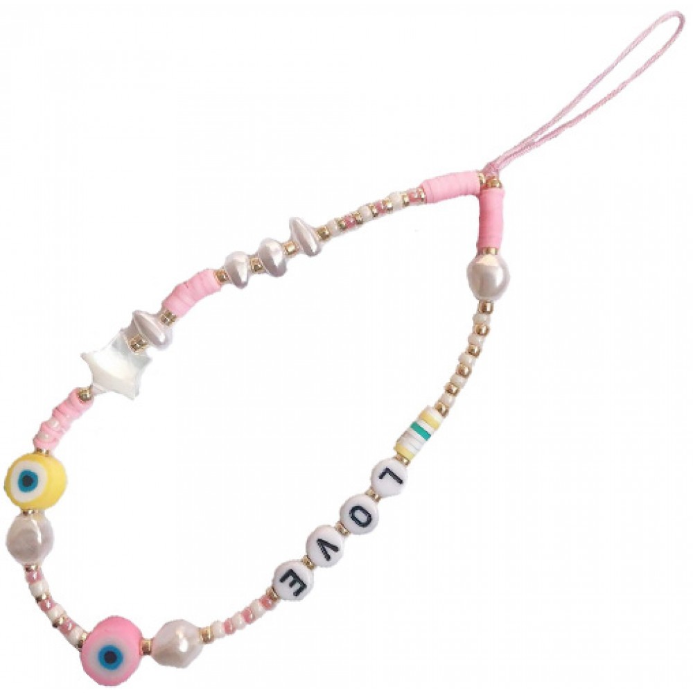 Bijou de téléphone universel / Pendentif bracelet à charms - N°43 LOVE & oeil turc - Rose